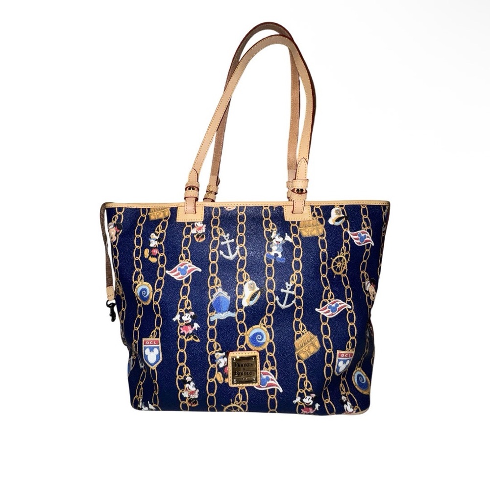 Dooney & Bourke Navy Nautical Chain Print Tote with Tan Straps